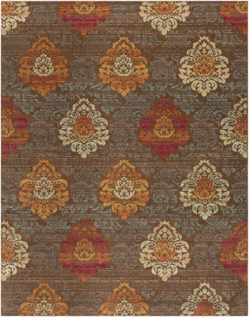 Close-up of the Declo Area Rug. Contemporary floral pattern in burgundy, orange, brown, peach, and sage on a brown background. Design-Rectangle-710910