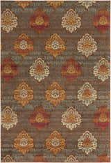 Close-up of the Declo Area Rug. Contemporary floral damask pattern in burgundy, orange, brown, peach, and sage. Design-Rectangle-810