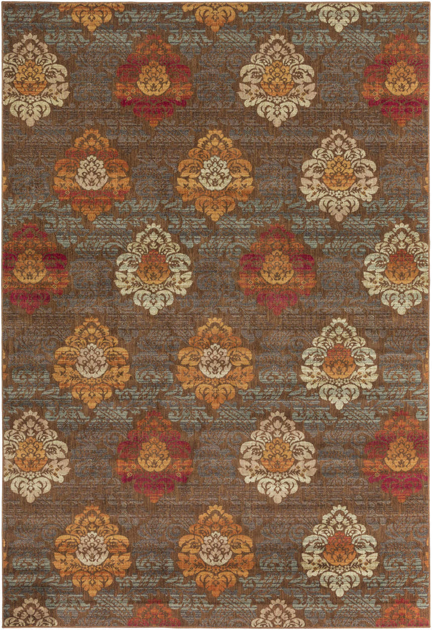 Close-up of the Declo Area Rug. Contemporary floral damask pattern in burgundy, orange, brown, peach, and sage. Design-Rectangle-810