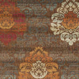 Close up of the Declo Area Rug showing a floral pattern in burgundy, orange, brown, peach, and sage. Swatch