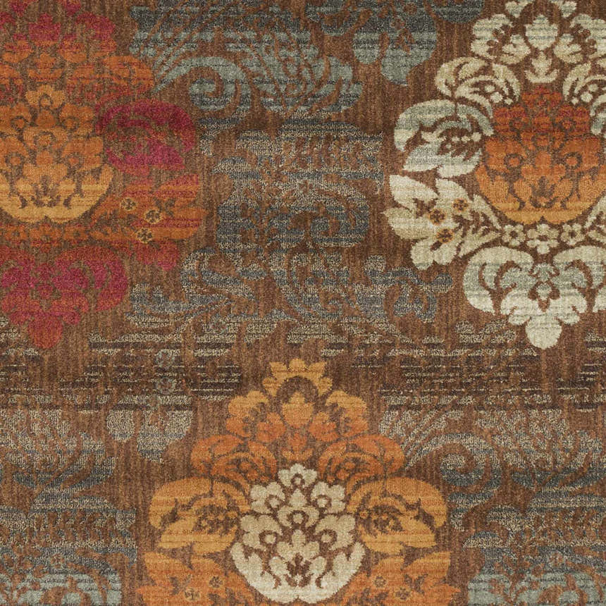 Close up of the Declo Area Rug showing a floral pattern in burgundy, orange, brown, peach, and sage. Swatch