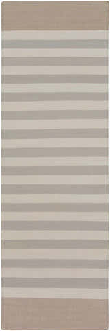 Close-up of the Decordova Area Carpet; a hand woven, striped rug in charcoal, gray, and medium gray cotton. Design-Runner-268
