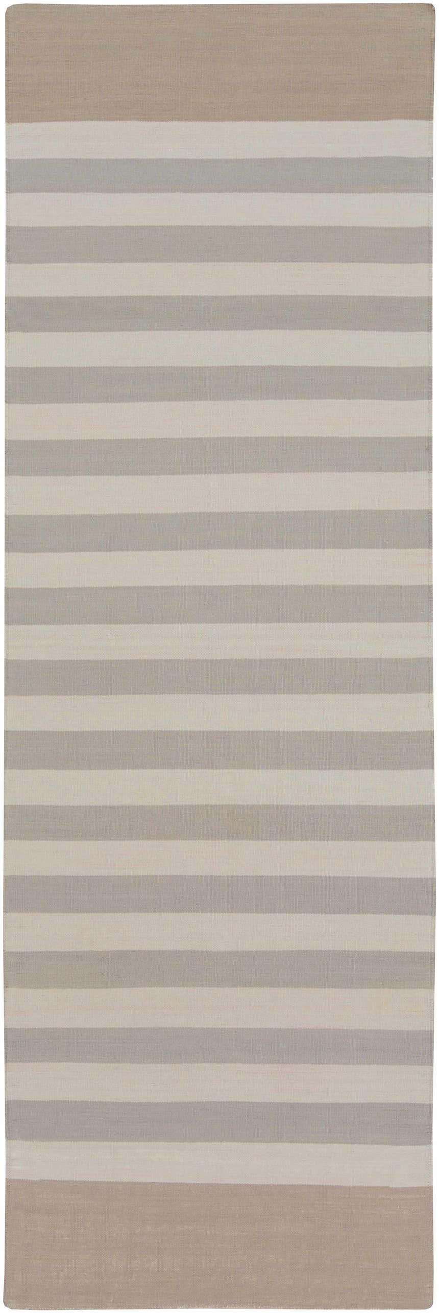 Close-up of the Decordova Area Carpet; a hand woven, striped rug in charcoal, gray, and medium gray cotton. Design-Runner-268
