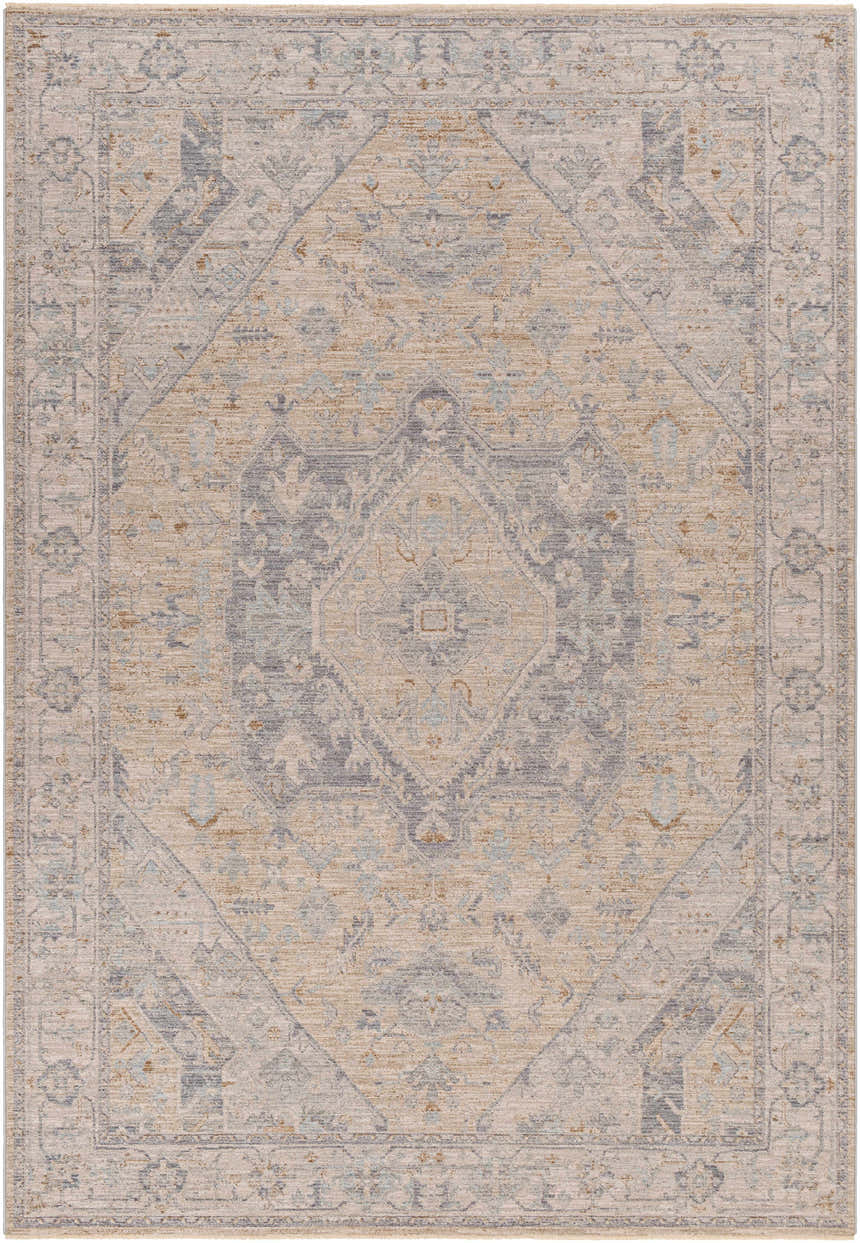 Close-up of the Deena Thick Luxe Area Rug. Farmhouse style rug in brown, charcoal, teal, and sage with a traditional diamond pattern. Design-Rectangle-6796