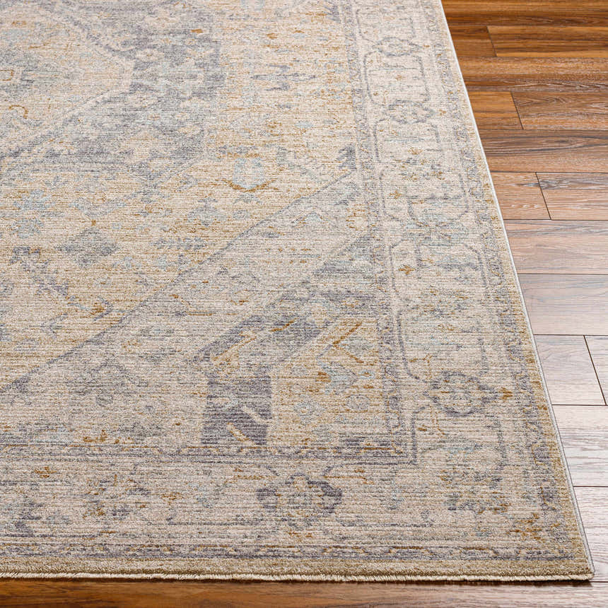 Close-up of the Deena Thick Luxe Area Rug showing its traditional brown, gray, and sage pattern and soft texture. Front