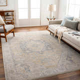 Living room with Deena Thick Luxe Area Rug in brown, charcoal, and gray. Farmhouse style sofa, chair, and wood floors. Roomscene-Rectangle