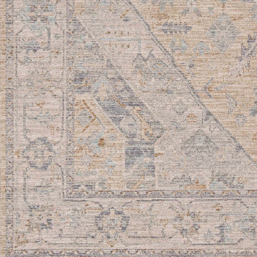 Close-up of the Deena Thick Luxe Area Rug. Features a traditional pattern in brown, charcoal, and dusty sage hues. Swatch