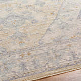 Close-up of the Deena Thick Luxe Area Rug showcasing its traditional pattern, brown, and gray hues, and soft, plush texture. Texture
