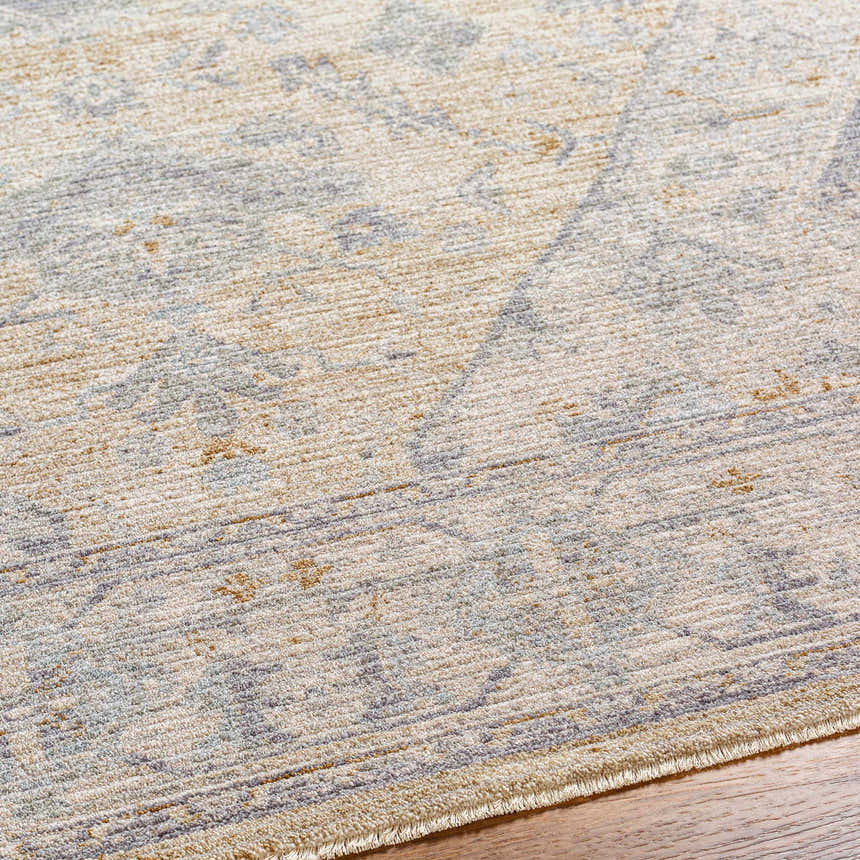 Close-up of the Deena Thick Luxe Area Rug showcasing its traditional pattern, brown, and gray hues, and soft, plush texture. Texture
