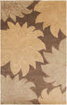 Close-up of the Defoe Area Carpet. Hand-knotted wool rug in camel, clay, and brown floral pattern. Contemporary style. Design-Rectangle-58