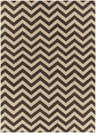 Close-up of the Dekalb Area Rug. Hand-woven wool rug with a dark brown and tan chevron pattern. Design-Rectangle-811