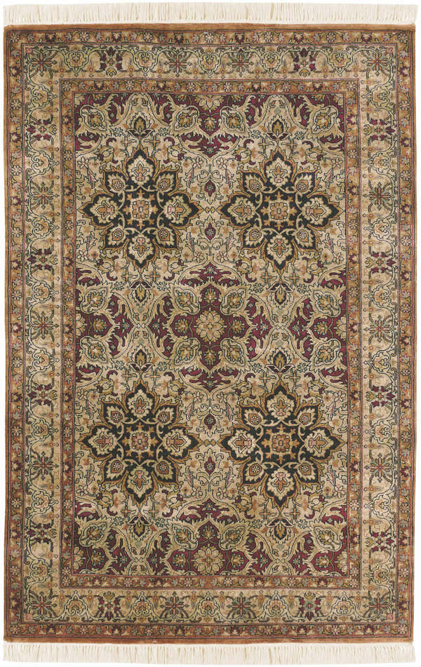 Detailed Dellslow Area Carpet featuring a traditional floral pattern in amber, black, brown, and tan hues. Hand-knotted wool texture. Design-Rectangle-5686