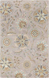 Detailed floral pattern on the Denio Area Rug. Taupe background with brown, sage, and sky blue flower accents. Design-Rectangle-58