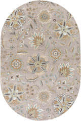 Oval Denio Area Rug with a taupe background and a floral pattern in brown, sage, and sky blue. Design-Oval-69