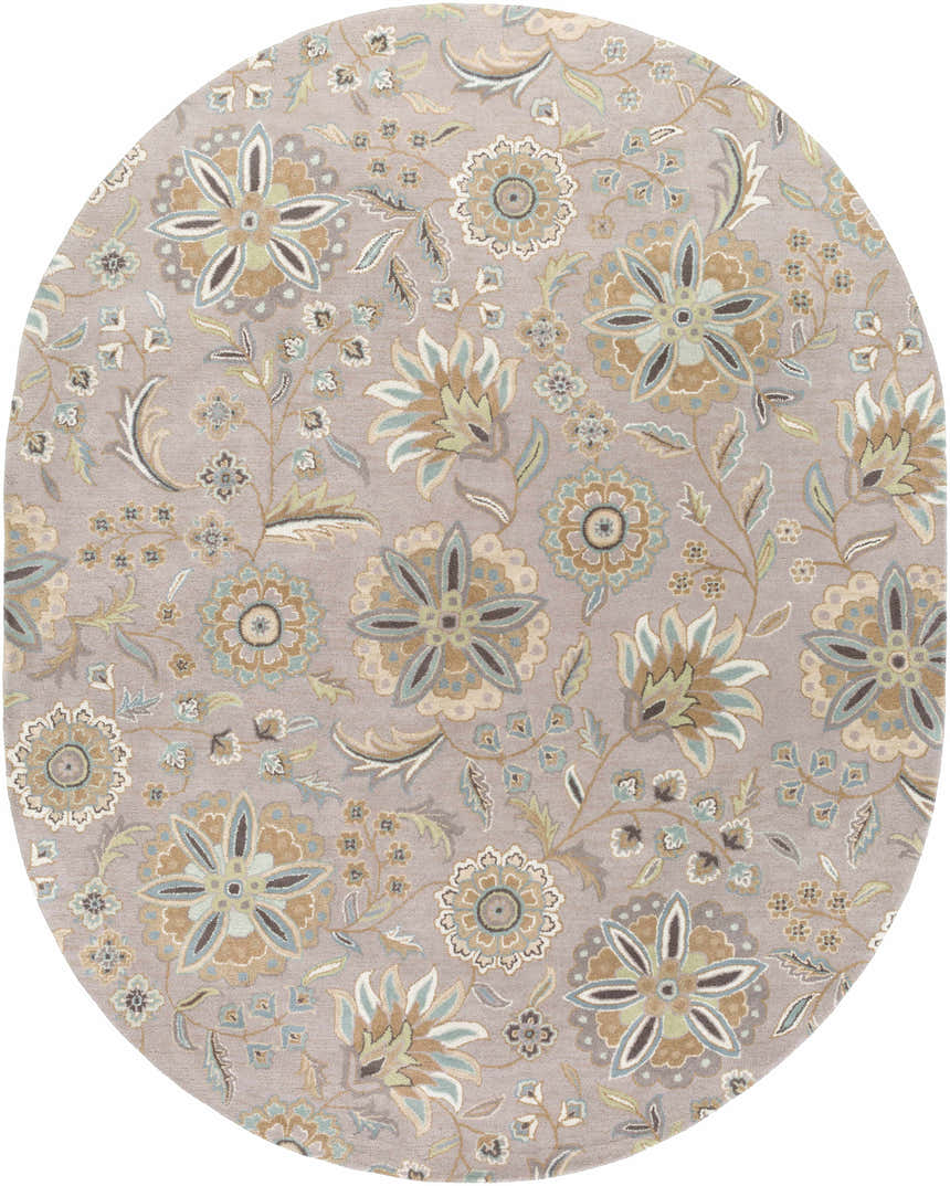 Oval Denio Area Rug featuring a floral pattern in brown, sage, taupe, and sky blue on a light brown background. Design-Oval-810