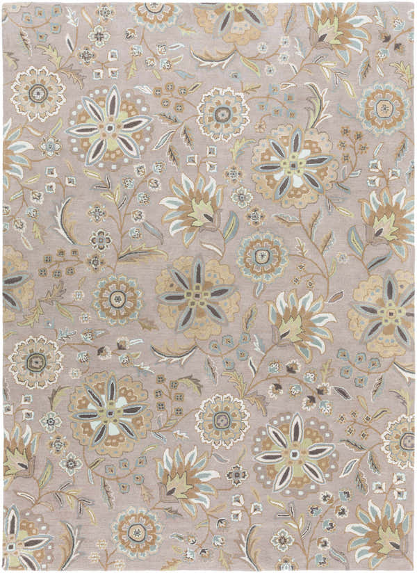 Close-up of the hand-tufted Denio Area Rug. Floral pattern in brown, sage, light blue, and taupe tones on a light brown wool rug. Design-Rectangle-811