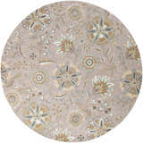 Round Denio Area Rug with a traditional floral pattern in brown, sage, taupe, and sky blue on a light brown background. Design-Round-8