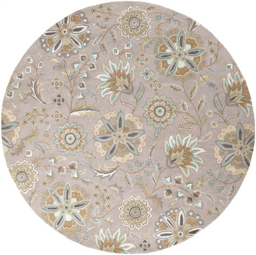 Round Denio Area Rug with a traditional floral pattern in brown, sage, taupe, and sky blue on a light brown background. Design-Round-8
