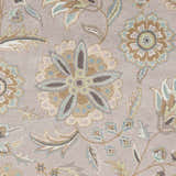 Close-up of the Denio Area Rug. Hand-tufted wool rug with a traditional floral pattern in brown, sage, and sky blue on a taupe background. Swatch