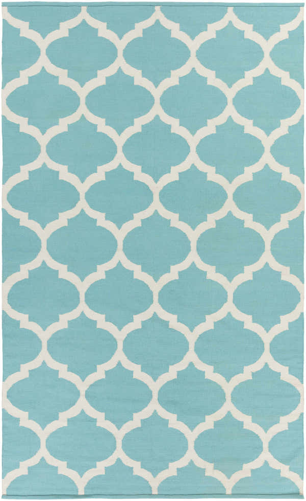 Close-up of the Derry Area Rug. Aqua cotton rug with a repeating ivory quatrefoil pattern. Hand woven texture. Design-Rectangle-58