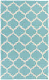 Close-up of the Derry Area Rug. Aqua cotton rug with a repeating ivory quatrefoil pattern. Hand woven texture. Design-Rectangle-58