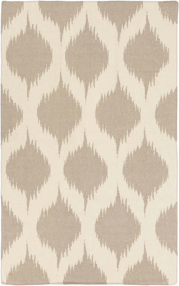 Close-up of the Deshler Area Carpet. Light beige wool rug with a taupe, geometric diamond pattern. Hand woven texture. Design-Rectangle-58