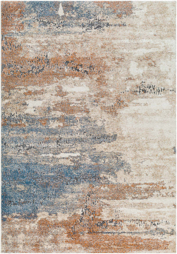 Close-up of the Deven Area Rug; a contemporary design in camel, charcoal, clay, and light gray. Machine woven texture. Design-Rectangle-5373