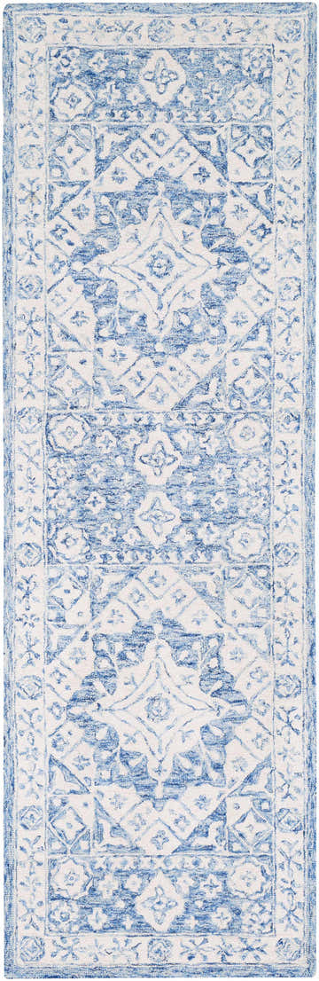 Close-up of the Devine Hand Tufted Wool Area Rug; ice blue and ivory traditional oriental pattern, hand-tufted texture. Design-Runner-268