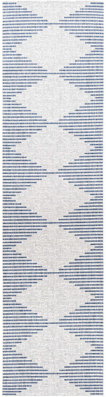 Close-up of the Stephan Blue & Cream Outdoor Rug, showcasing its geometric line pattern and soft, woven texture. Design-Runner-2710