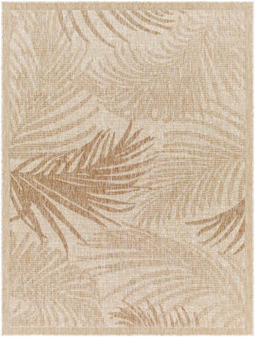 Close up of the Doug Area Rug. Coastal style rug with a tan palm leaf pattern on a bone colored background. Design-Rectangle-537