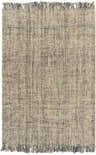Close-up of the Edgely Area Rug. Hand woven jute and wool rug in black, gray, light beige, and tan with fringe. Design-Rectangle-576