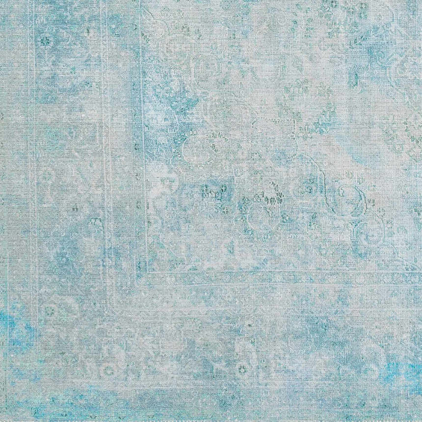 Close-up of the Dighton Washable Area Rug. Aqua, blue, and light gray traditional pattern with a distressed, vintage look. Swatch