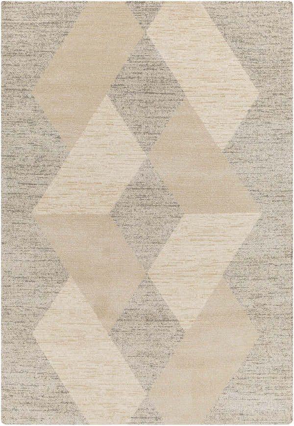 Close-up of the Dilys Luxe Rug featuring a geometric diamond pattern in cloud gray, lambswool, and smoke. Design-Rectangle-5373