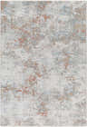 Close-up of the Dinos Thick Luxe Rug. Contemporary design with gray, blue, and nutmeg abstract pattern. Design-Rectangle-575
