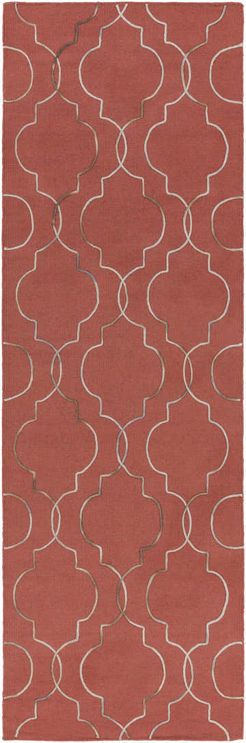 Close-up of the Dittmer Area Carpet. Beige, brick red wool rug with a hand-woven, transitional quatrefoil pattern. Design-Runner-268