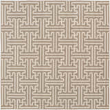 Close-up of the Divernon Area Rug. Beige rug with a geometric, maze-like pattern in off-white. Design-Square-73