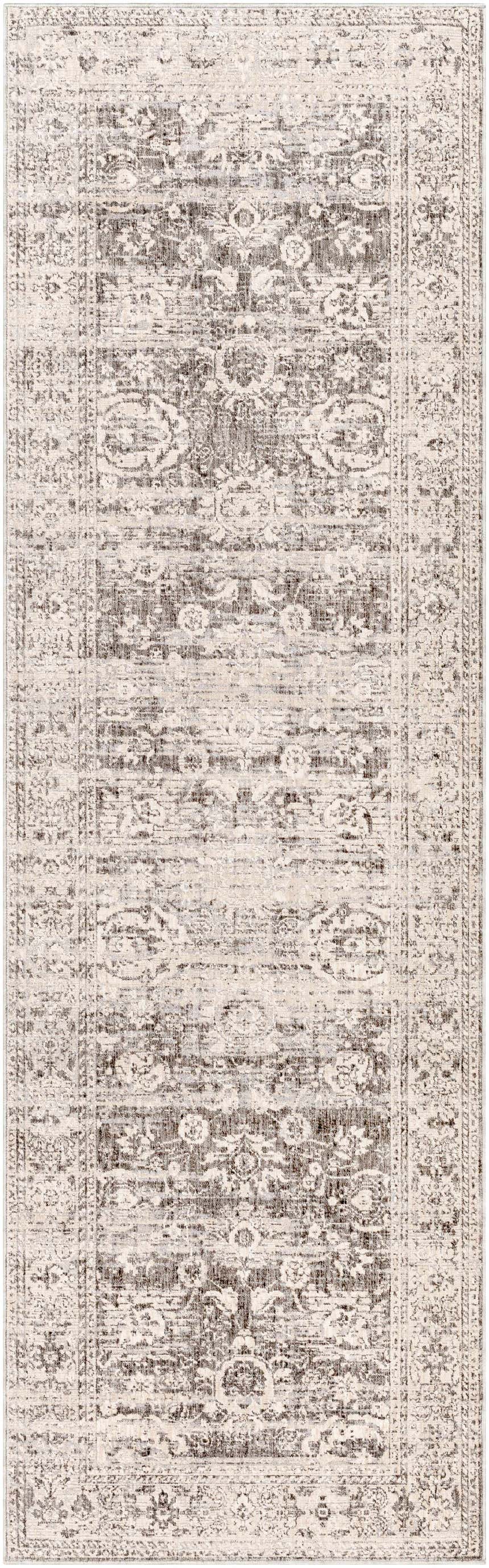 Close-up of the Divisoria Area Rug: traditional, farmhouse style with charcoal, cream, and gray floral patterns. Design-Runner-3310