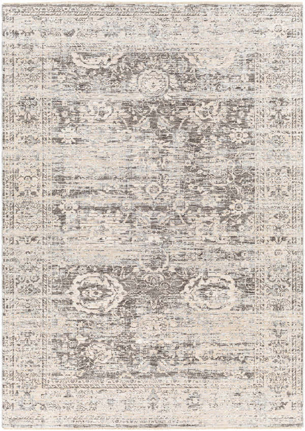 Close-up of the Divisoria Area Rug. Traditional rug design in charcoal, cream, and gray. Machine woven polyester rug. Design-Rectangle-582