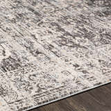 Close up of the charcoal and cream Divisoria Area Rug showing its traditional, distressed pattern and soft texture. Texture