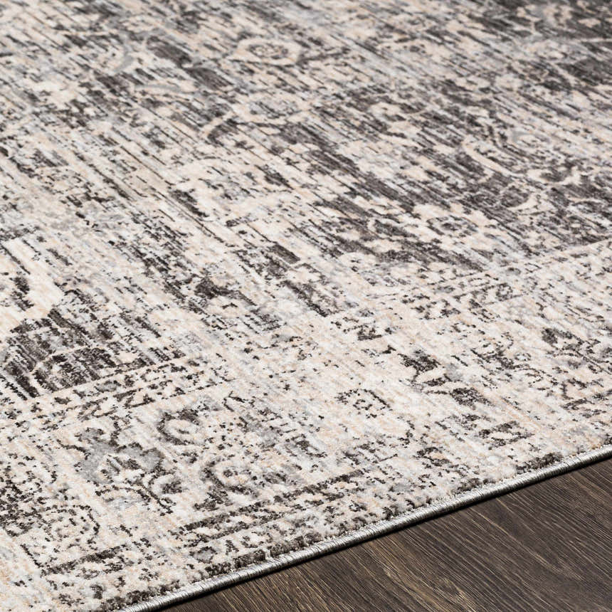 Close up of the charcoal and cream Divisoria Area Rug showing its traditional, distressed pattern and soft texture. Texture