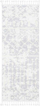 Close-up of the Dolo Area Rug: cream and gray polyester rug with a subtle geometric pattern and decorative white tassels. Design-Runner-2773