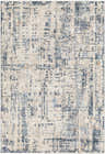 Close-up of the Dalama Area Rug. Contemporary design with dark gray, ivory, light gray, and navy abstract patterns. 100% Polyester. Design-Rectangle-579