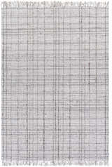 Close-up of the hand-loomed Delanco Area Rug. Dark brown, ivory, pale blue, and white plaid pattern with fringe. Design-Rectangle-576