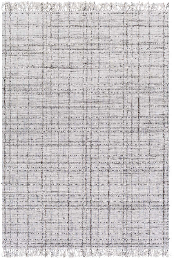 Close-up of the hand-loomed Delanco Area Rug. Dark brown, ivory, pale blue, and white plaid pattern with fringe. Design-Rectangle-576