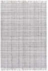 Close-up of the hand-loomed Delanco Area Rug. Dark brown, ivory, pale blue, and white plaid pattern with fringe. Design-Rectangle-576