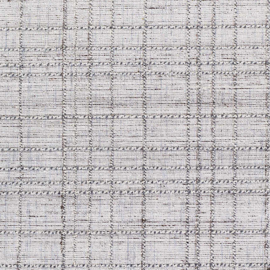 Close-up of Delanco Area Rug showing a hand-loomed, contemporary design in ivory, pale blue, and dark brown viscose. Swatch