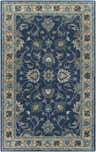 Close-up of the Cherryfield Hand Tufted Navy Area Rug. Features a traditional floral pattern in navy, beige, and teal. Design-Rectangle-58
