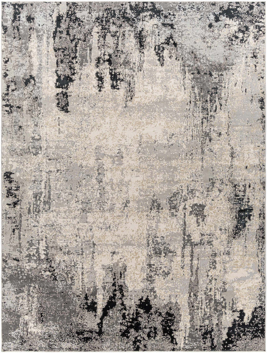 Close-up of the Dumangas Area Rug featuring a contemporary black, charcoal, cream, and gray abstract design. Design-Rectangle-71010