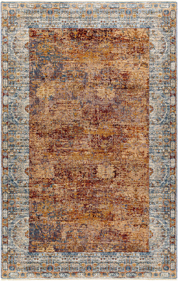 Close-up of the Demirci Area Rug, featuring a traditional beige, burnt orange, and blue oriental pattern. Design-Rectangle-582