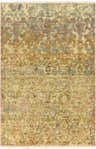 Close-up of the hand-knotted Duncansville Area Rug. Farmhouse style with aqua, brick red, and dusty pink floral patterns. Design-Rectangle-5686